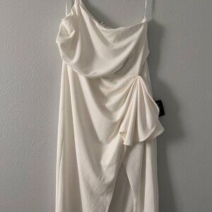 White One-Shoulder Ruffled Tulip Midi Dress